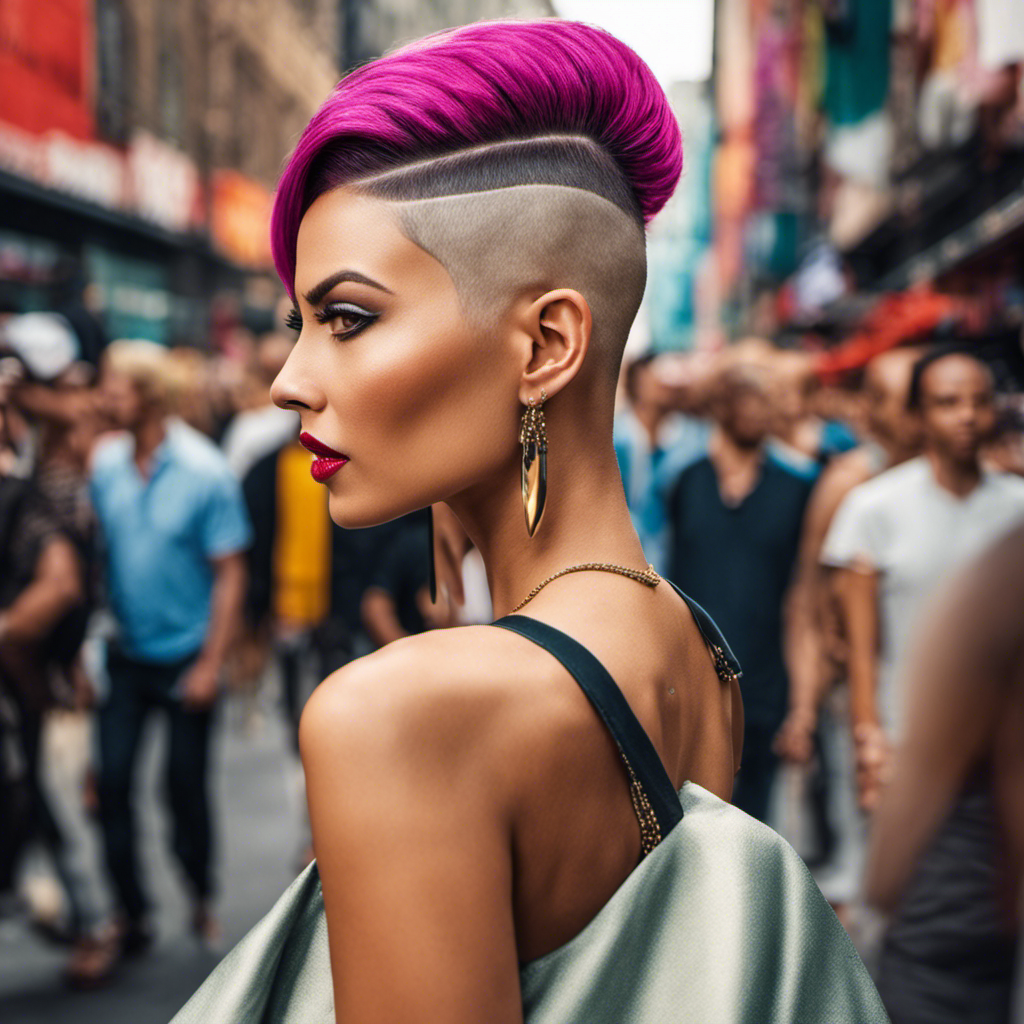 An image showcasing a fashionable woman with a vibrant half-shaved head hairstyle, confidently strutting down a bustling urban street, surrounded by onlookers sporting awe-inspired expressions and trendy attire