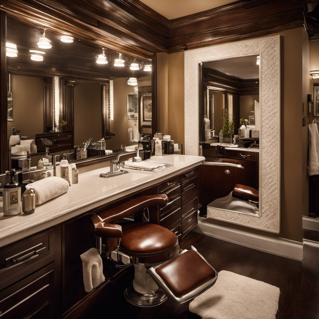 An image showcasing a clean, well-lit bathroom counter adorned with a straight razor, electric clippers, shaving cream, a soft brush, and a towel, all neatly arranged to inspire confidence in the process of shaving one's head bald