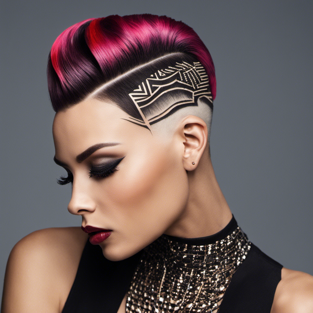 An image showcasing a person with a striking hairstyle: a bold undercut with shaved sides, revealing intricate geometric patterns