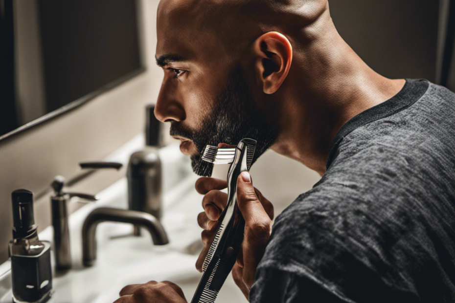 An image showcasing a close-up of a man confidently shaving his head with a razor, capturing the glistening reflection on his smooth scalp, as his discarded hair lies scattered on a bathroom counter