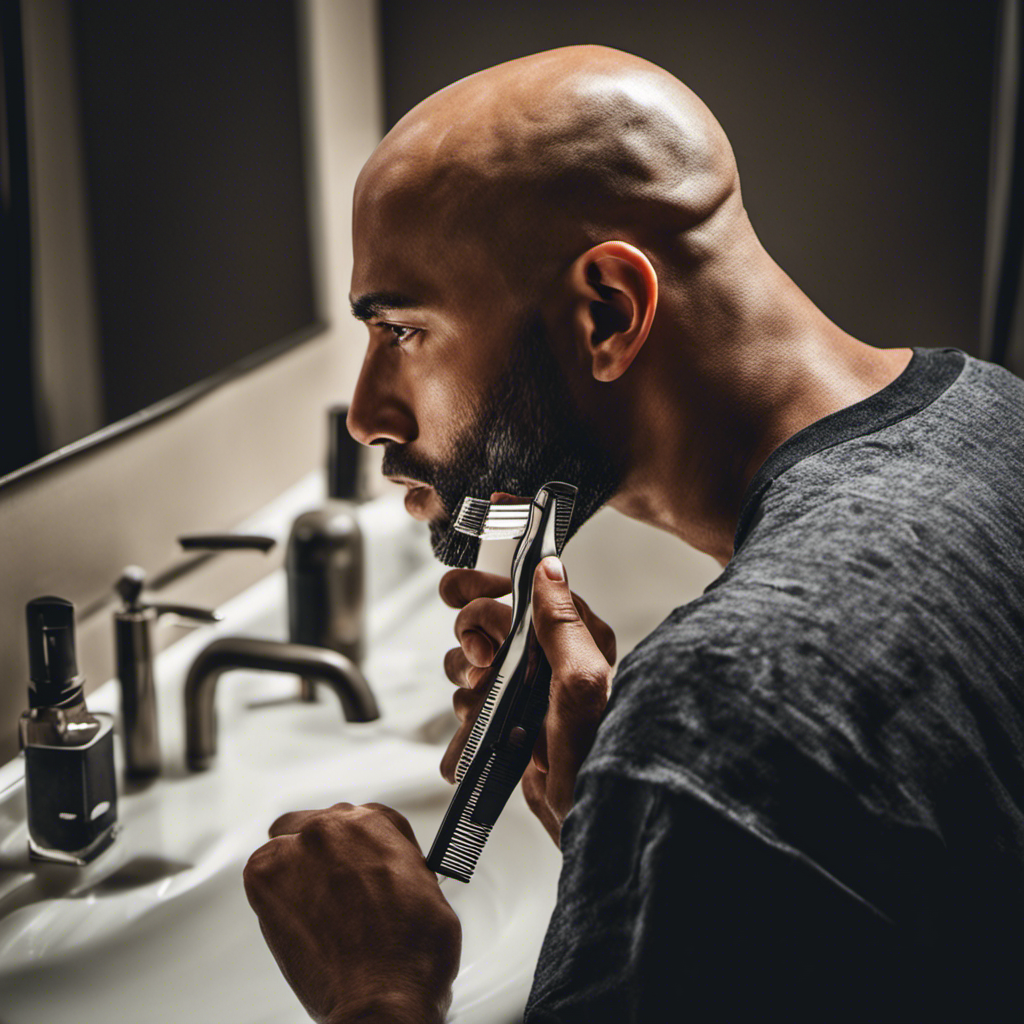 An image showcasing a close-up of a man confidently shaving his head with a razor, capturing the glistening reflection on his smooth scalp, as his discarded hair lies scattered on a bathroom counter
