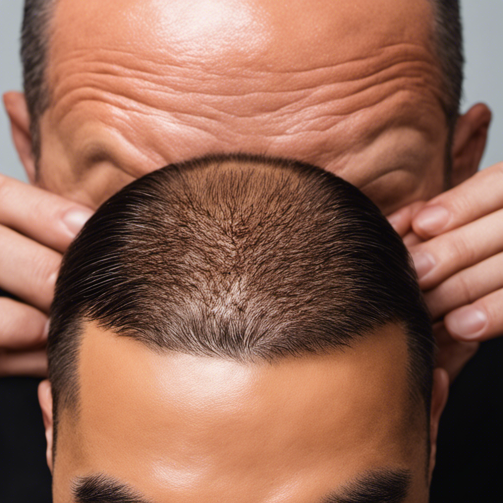 An image featuring a close-up shot of a healed scalp, with tiny hair follicles emerging from the skin post-FUE hair transplant