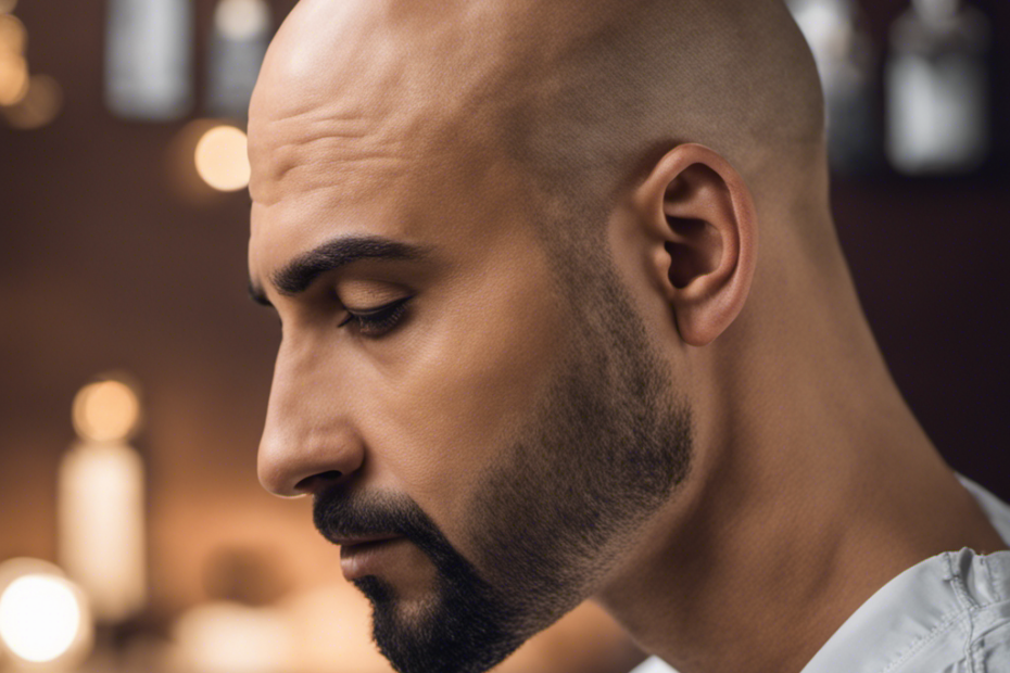 An image showcasing a man with freshly done scalp micropigmentation, depicting precise hairline replication and carefully blended pigments