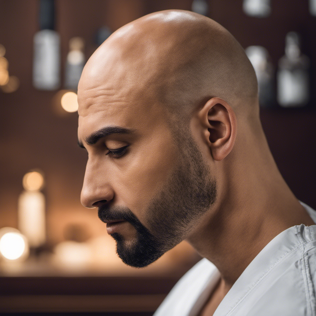 An image showcasing a man with freshly done scalp micropigmentation, depicting precise hairline replication and carefully blended pigments
