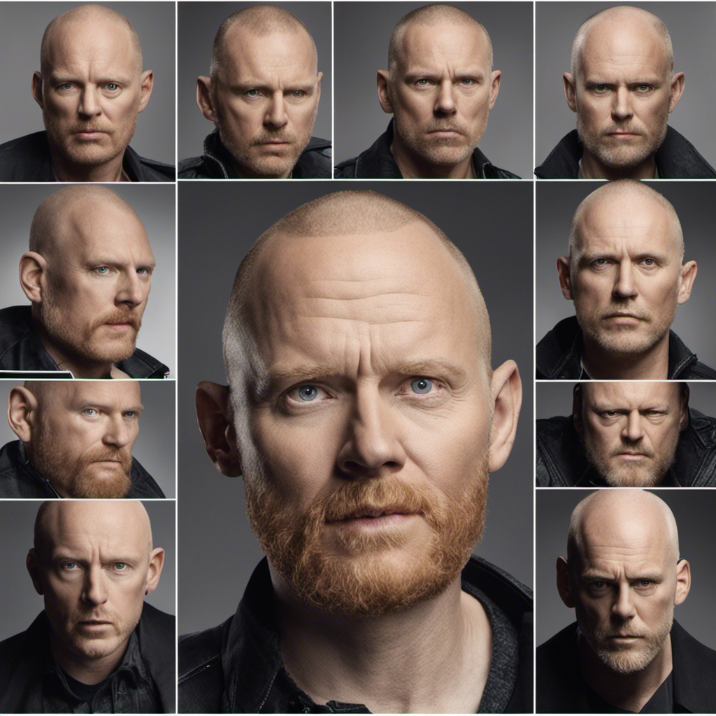 An image capturing the gradual transformation of Bill Burr's hairstyle over time, showcasing the precise moment when he finally embraced a fully shaved head
