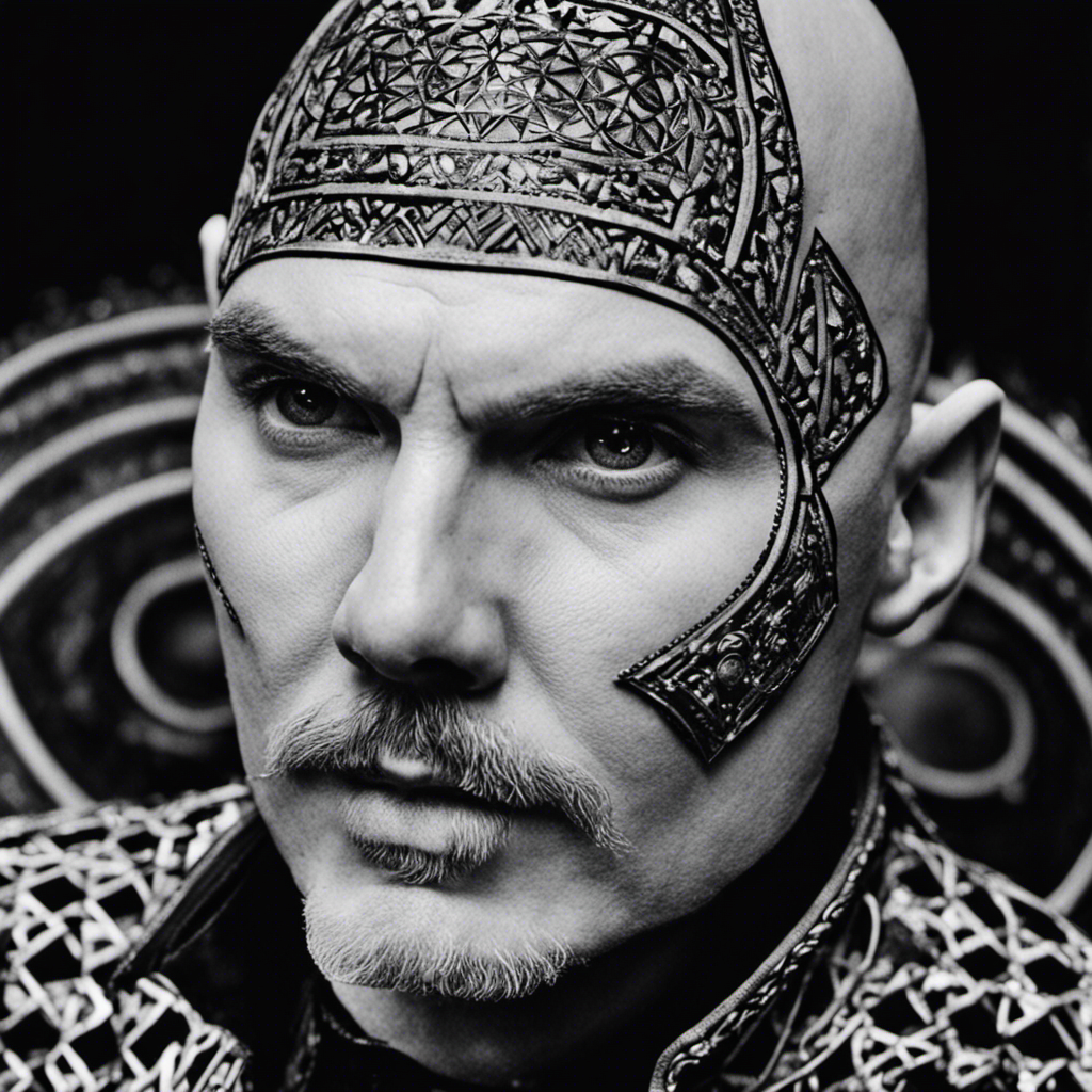 An image featuring a close-up shot of Billy Corgan's bald head, captured in black and white