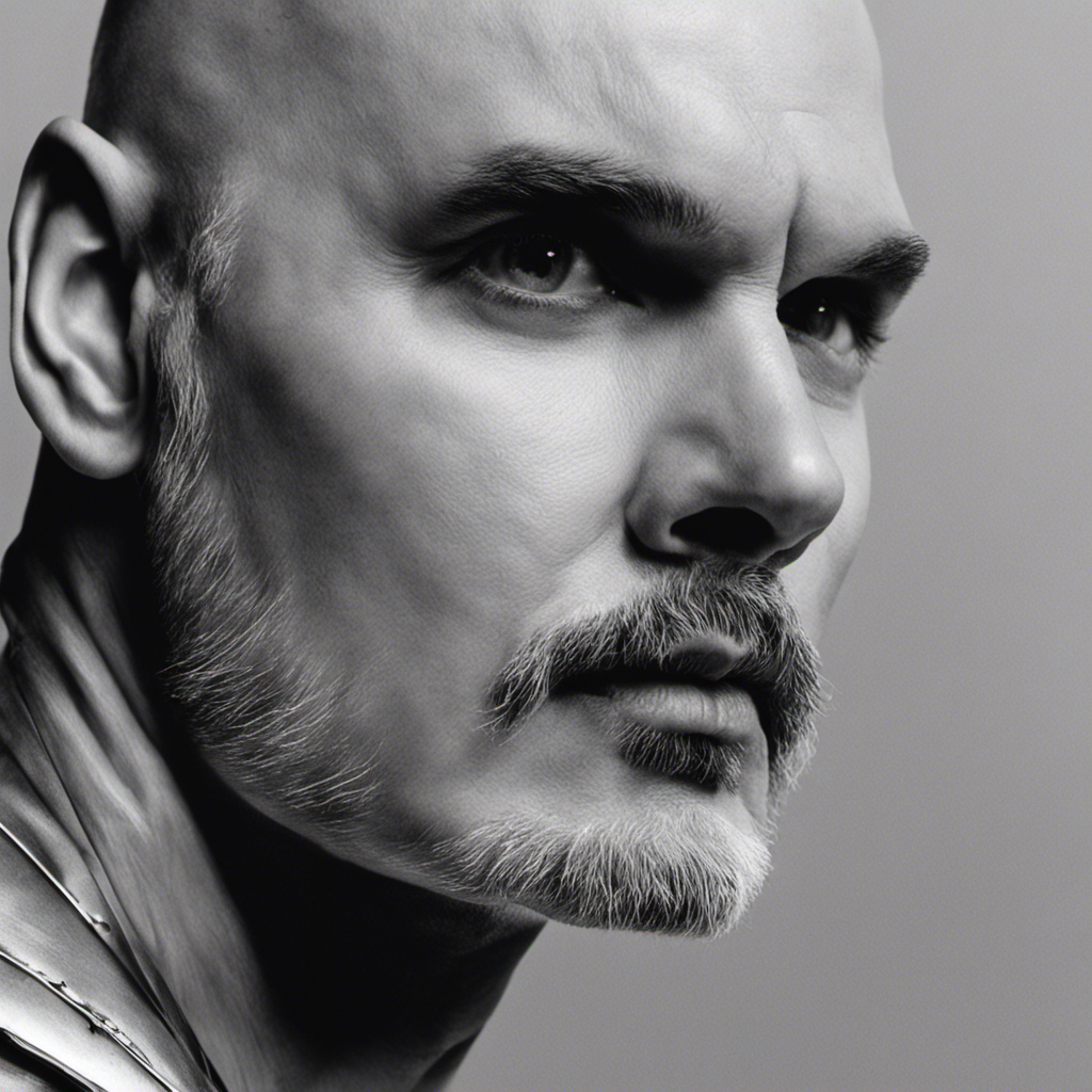 An image depicting a close-up of Billy Corgan's face, captured in black and white, revealing the precise moment when his razor glided over his head, leaving behind a freshly shaved scalp