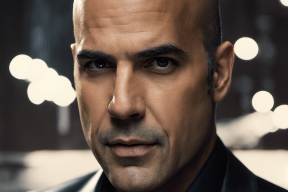 An image capturing the exact moment Billy Zane's razor glides across his scalp, revealing a smooth, glistening head, as the scattered clumps of hair silently surrender to the floor