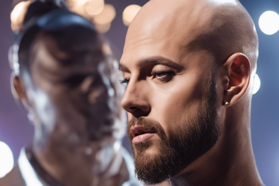 An image capturing Brian Friedman's transformation: a close-up shot revealing his smooth, bald head, glistening under radiant stage lights, while his signature long locks lie scattered on the floor, representing a bold new era