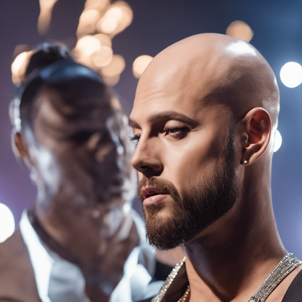 An image capturing Brian Friedman's transformation: a close-up shot revealing his smooth, bald head, glistening under radiant stage lights, while his signature long locks lie scattered on the floor, representing a bold new era