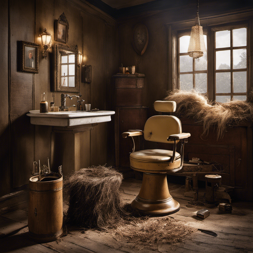 An image showcasing a vintage bathroom with a worn-out wooden stool, a pile of discarded hair clippings, and an antique hair trimmer, alluding to the mysterious moment when Britney Spears shaved her head