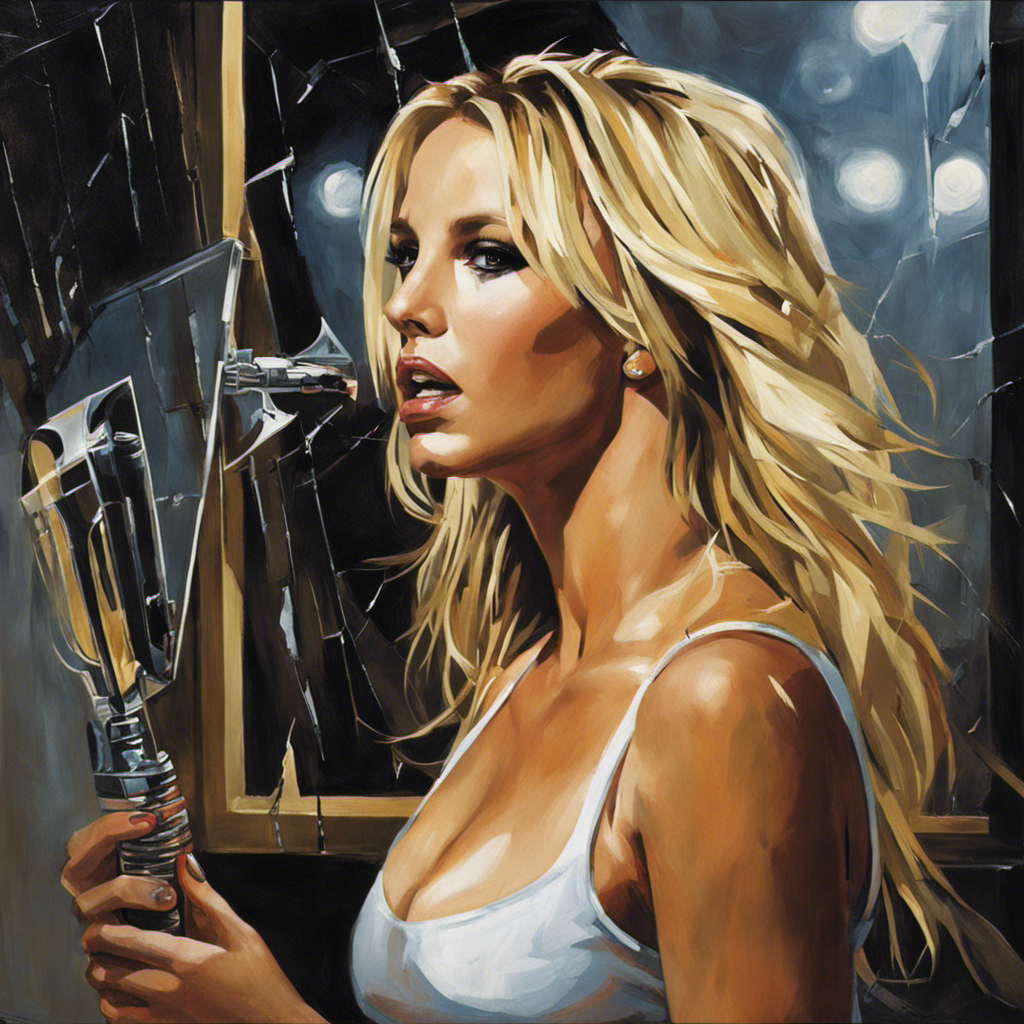 An image capturing the raw emotion of Britney Spears in a dimly lit room, her distressed face partially hidden by a reflection in a shattered mirror, as she wields an electric razor against her flowing blond locks