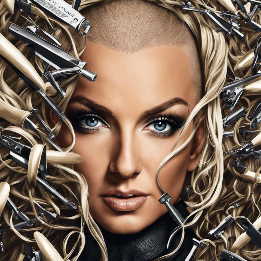 A captivating image showcasing the infamous moment Britney Spears shaved her head, capturing her expression of defiance and liberation, surrounded by scattered locks of hair, as the clippers stand still in her hand
