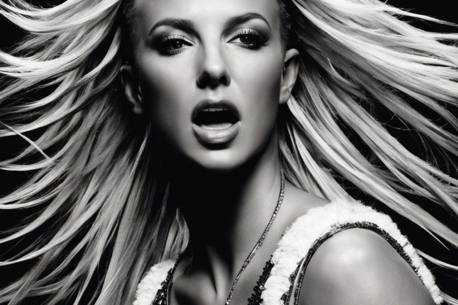 An image capturing the raw emotion of Britney Spears' iconic head-shaving moment: her determined expression, clippers gliding through her golden locks, surrounded by scattered strands and a backdrop of vulnerability