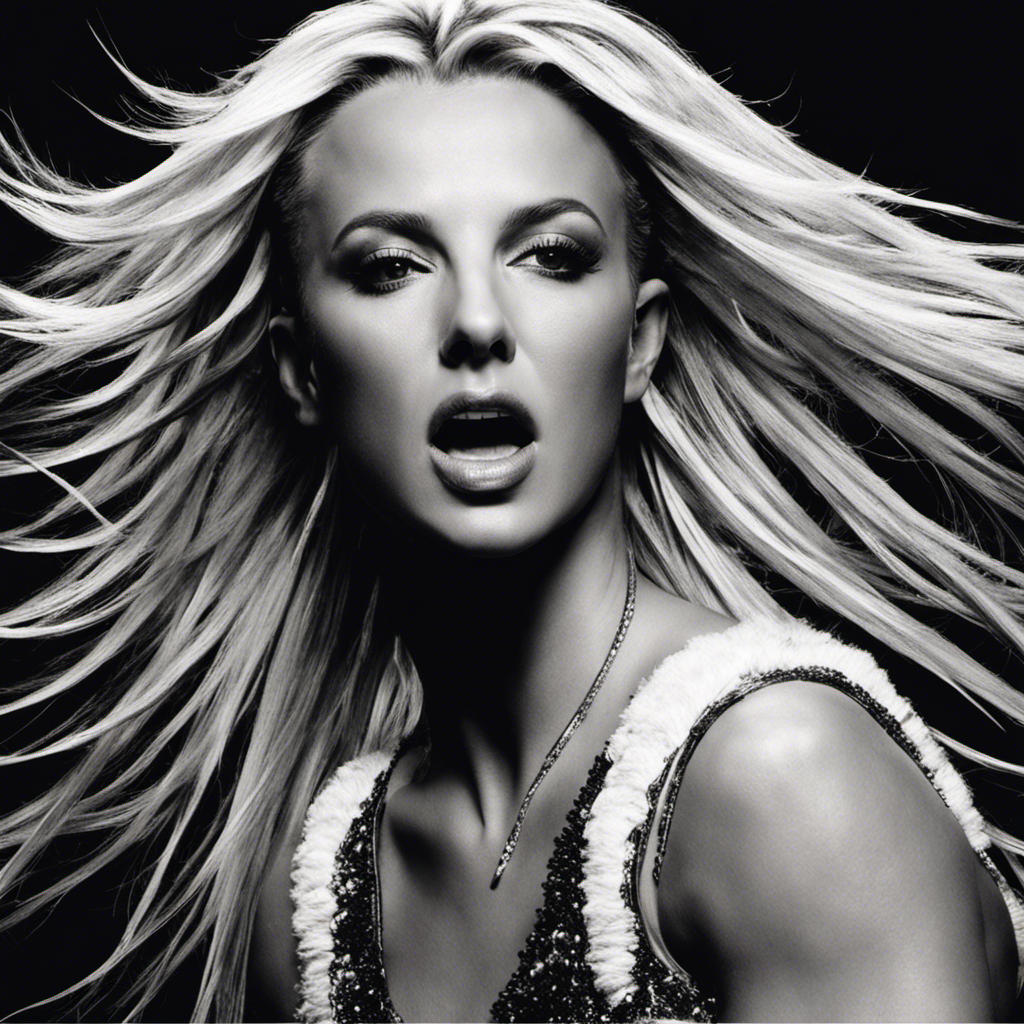 An image capturing the raw emotion of Britney Spears' iconic head-shaving moment: her determined expression, clippers gliding through her golden locks, surrounded by scattered strands and a backdrop of vulnerability