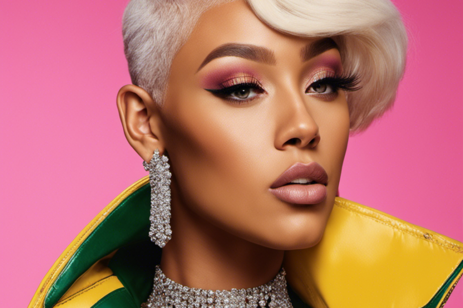An image capturing the essence of Doja Cat's shaved head transformation - a vibrant, close-up shot showcasing her newly shorn, platinum blonde locks, glistening in the spotlight
