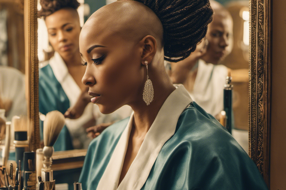 An image capturing the transformative moment of Doja shaving her head, showing her confident gaze mirrored in the barber's mirror, with strands of hair falling gently, revealing her bold new look