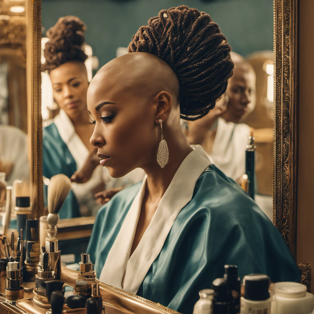 An image capturing the transformative moment of Doja shaving her head, showing her confident gaze mirrored in the barber's mirror, with strands of hair falling gently, revealing her bold new look