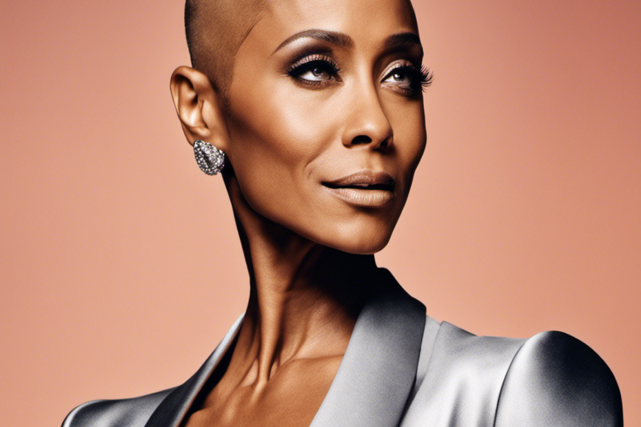 An image capturing Jada Pinkett's bold transformation: a close-up shot showcasing her radiant face, glistening scalp, and newly shaved head