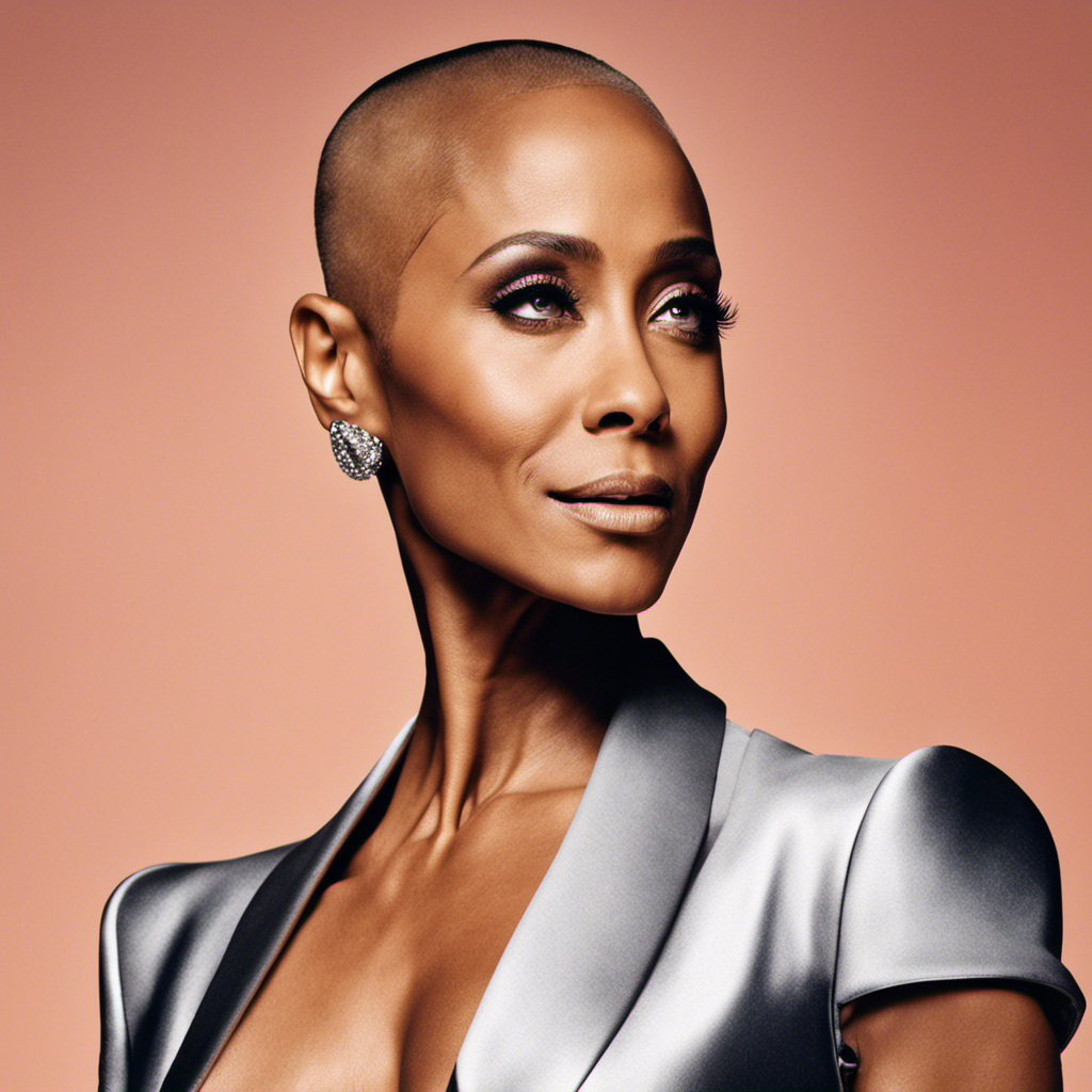 An image capturing Jada Pinkett's bold transformation: a close-up shot showcasing her radiant face, glistening scalp, and newly shaved head