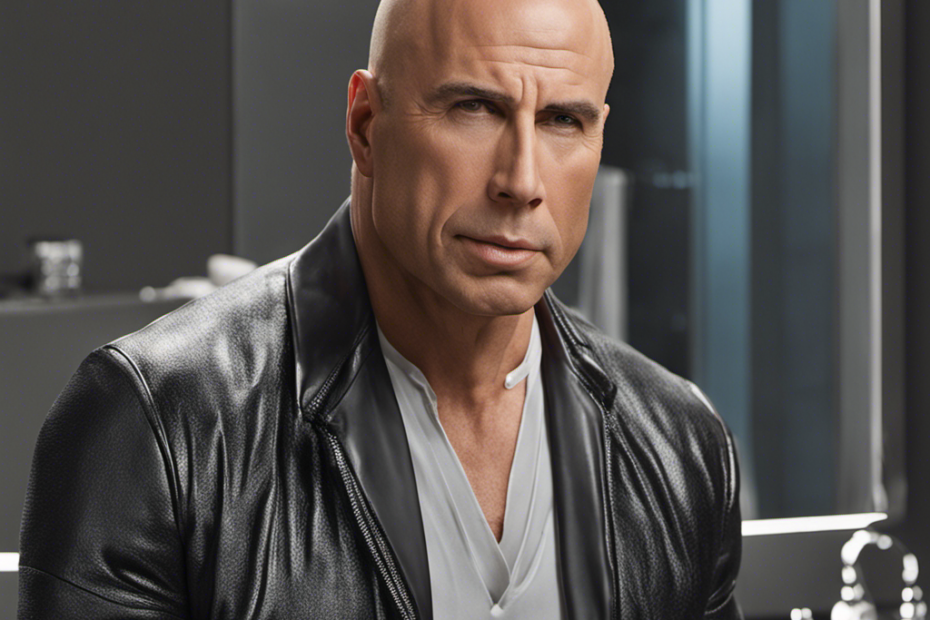 An image showcasing John Travolta's transformation: a reflection in a gleaming bald head, an empty razor on a bathroom counter, and strands of hair gracefully floating through the air, marking the moment he embraced his new look
