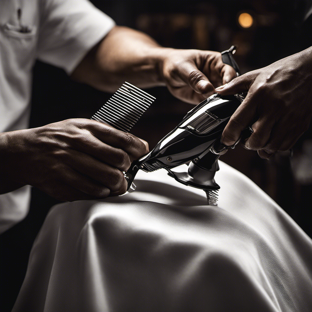 An image capturing the essence of mystery and transformation: a close-up of a barber's hand holding electric clippers, hovering over an empty chair, while a ray of light shines dramatically on a pile of freshly shaved raven-black hair