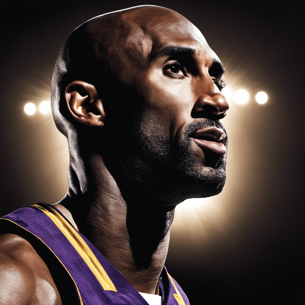 An image capturing Kobe Bryant's iconic bald look, with glistening scalp reflecting stadium lights