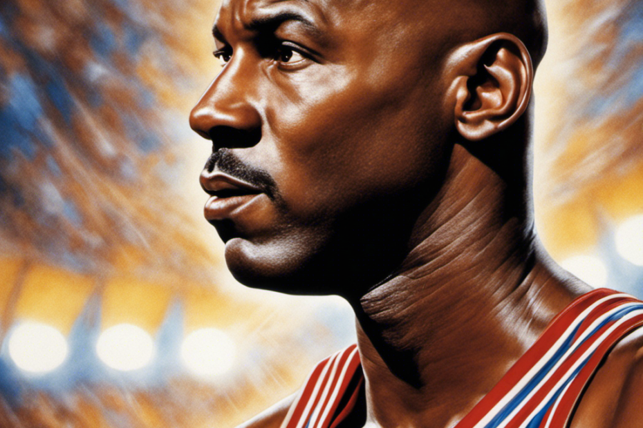 An image capturing the iconic transformation of Michael Jordan's hairstyle, showcasing a close-up of his smooth, bald head glistening under the spotlights, symbolizing his evolution and dominance in the basketball world
