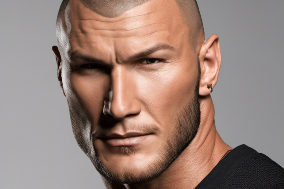 An image showcasing Randy Orton's transformation: a close-up of his smooth, freshly shaved head, accentuating the defined contours and shadowed details
