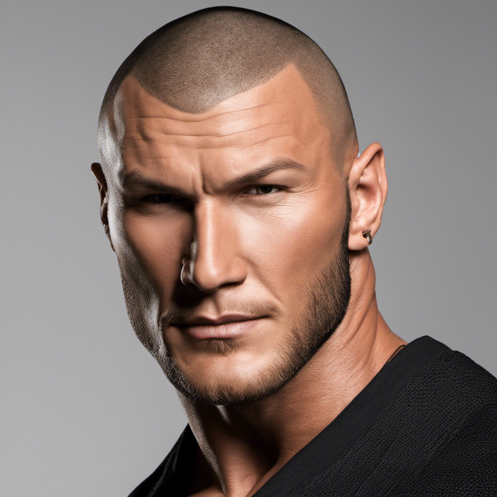 An image showcasing Randy Orton's transformation: a close-up of his smooth, freshly shaved head, accentuating the defined contours and shadowed details