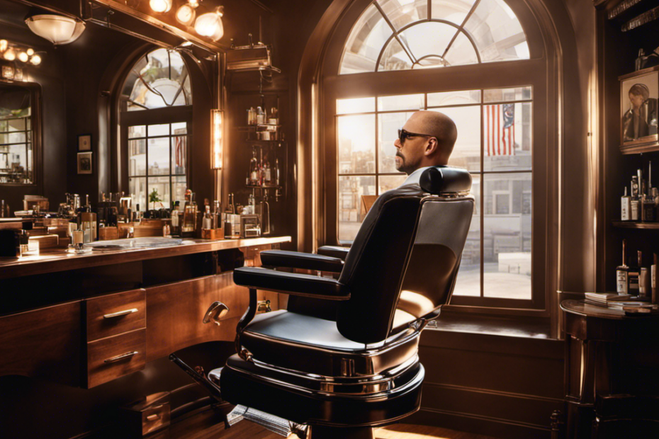 An image capturing Robert Downey Jr in a sleek, modern barbershop chair, with a reflection in the mirror revealing his freshly shaved head