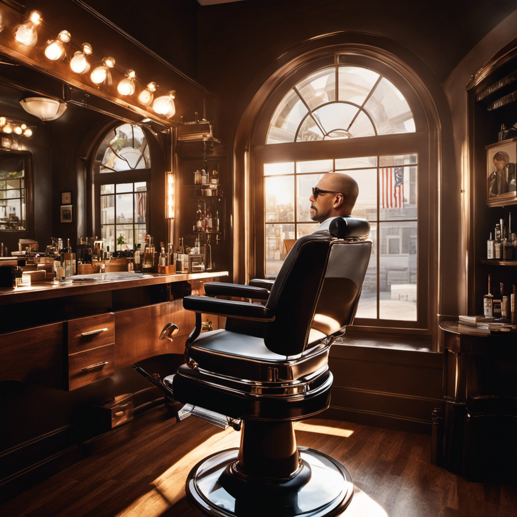 An image capturing Robert Downey Jr in a sleek, modern barbershop chair, with a reflection in the mirror revealing his freshly shaved head