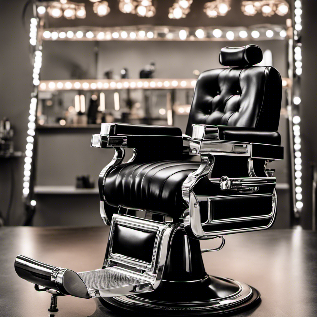 An image capturing Samuel L Jackson's transformation: a barber's chair engulfed in black leather, adorned with vintage clippers and a reflection of his sleek, razor-shaved head in the gleaming mirror