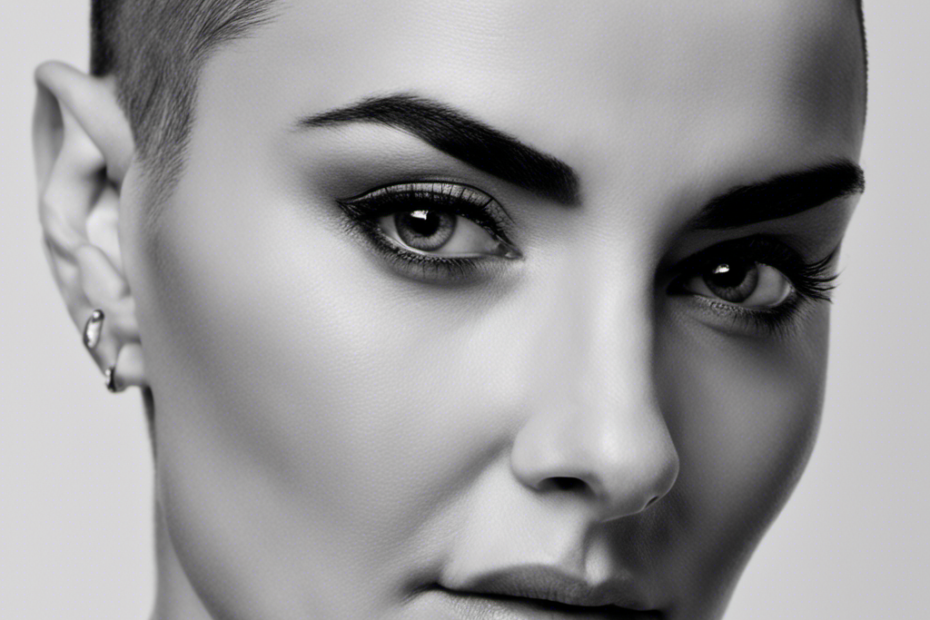 An image showcasing an intimate, black-and-white close-up of Sinead O'Connor's radiant face, displaying her freshly shaved head with a subtle glimmer of vulnerability in her eyes
