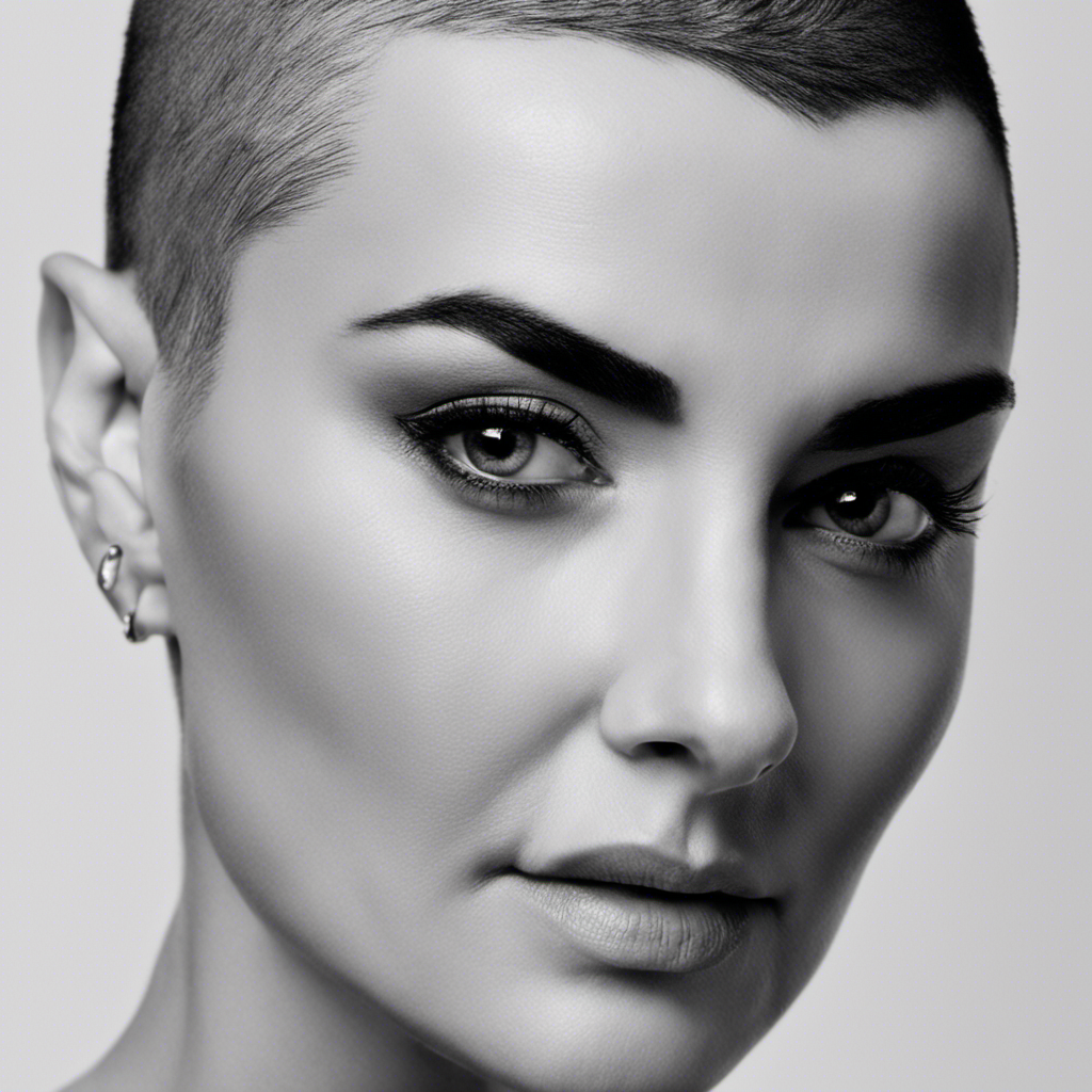 An image showcasing an intimate, black-and-white close-up of Sinead O'Connor's radiant face, displaying her freshly shaved head with a subtle glimmer of vulnerability in her eyes