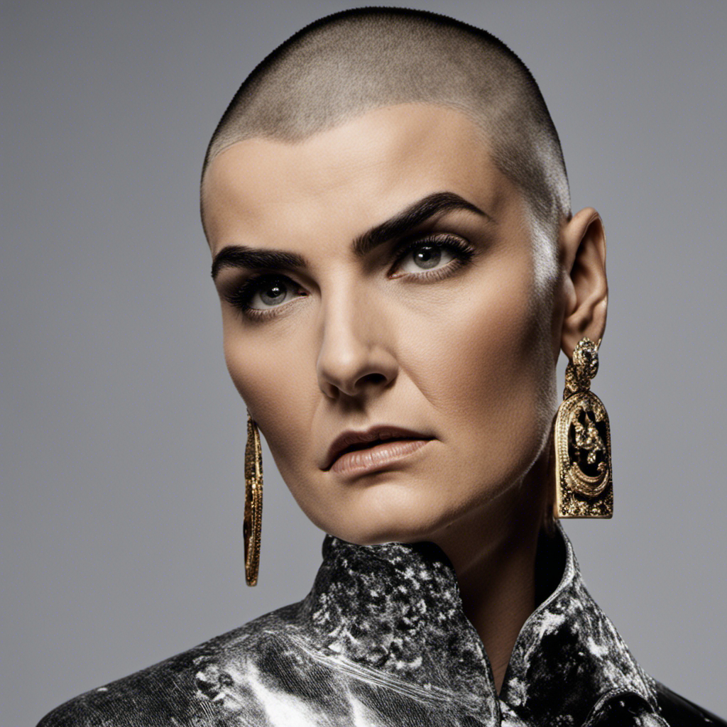 An image capturing the defining moment of Sinead O'Connor's head-shaving: a close-up shot, focused on her determined expression as the razor glides through her hair, capturing the raw vulnerability and rebellious spirit that defined this iconic act