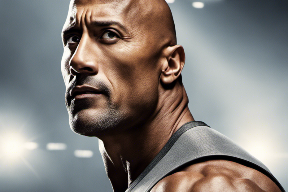 An image capturing a close-up of Dwayne "The Rock" Johnson's smooth, bald head, glistening under the bright spotlight, revealing the precise moment when he made the bold decision to shave off his iconic hair