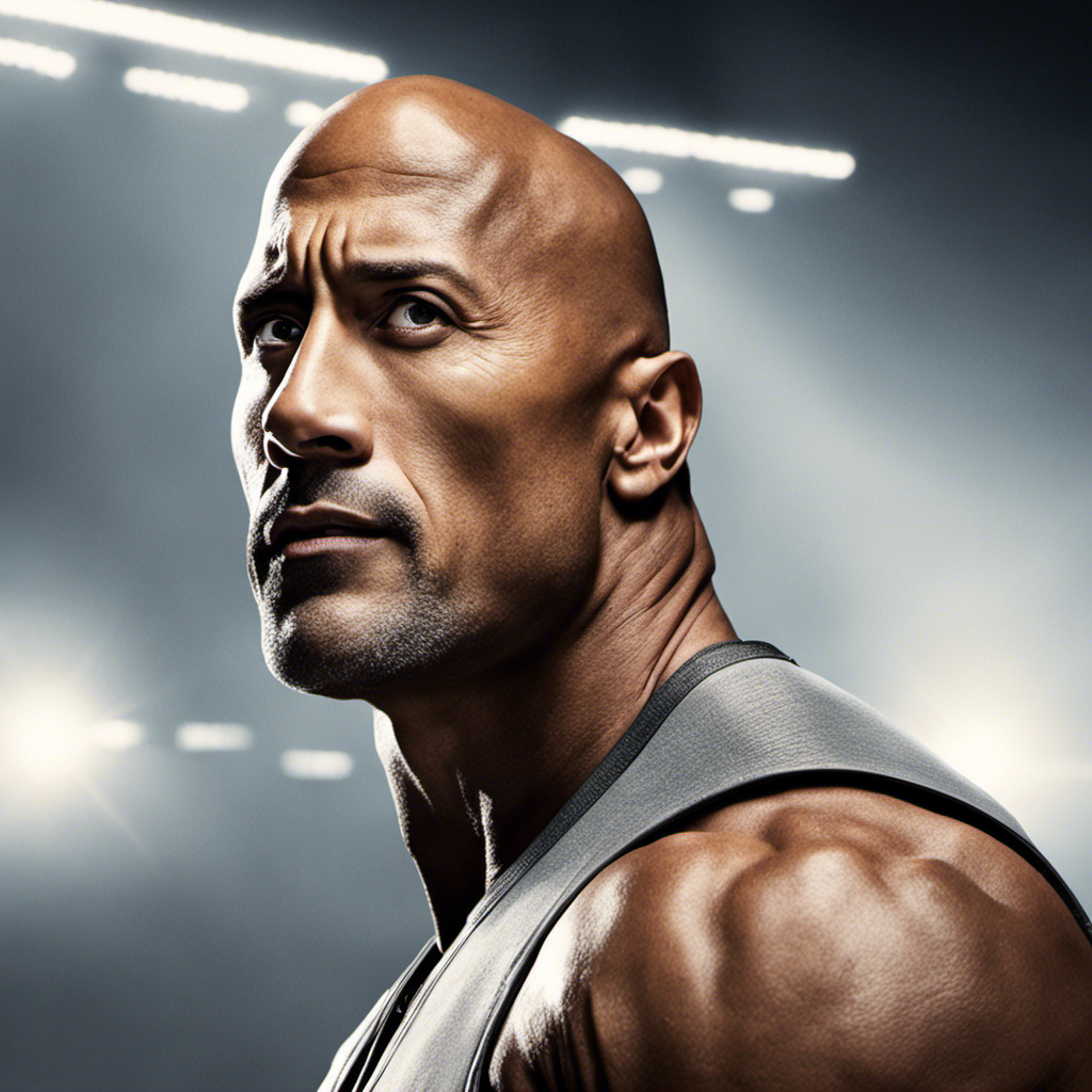 An image capturing a close-up of Dwayne "The Rock" Johnson's smooth, bald head, glistening under the bright spotlight, revealing the precise moment when he made the bold decision to shave off his iconic hair