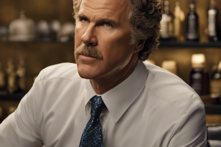 An image capturing the precise moment when Will Ferrell, bathed in soft, golden light, relinquishes his iconic locks, as a gleaming razor glides smoothly across his scalp, leaving behind a newfound baldness
