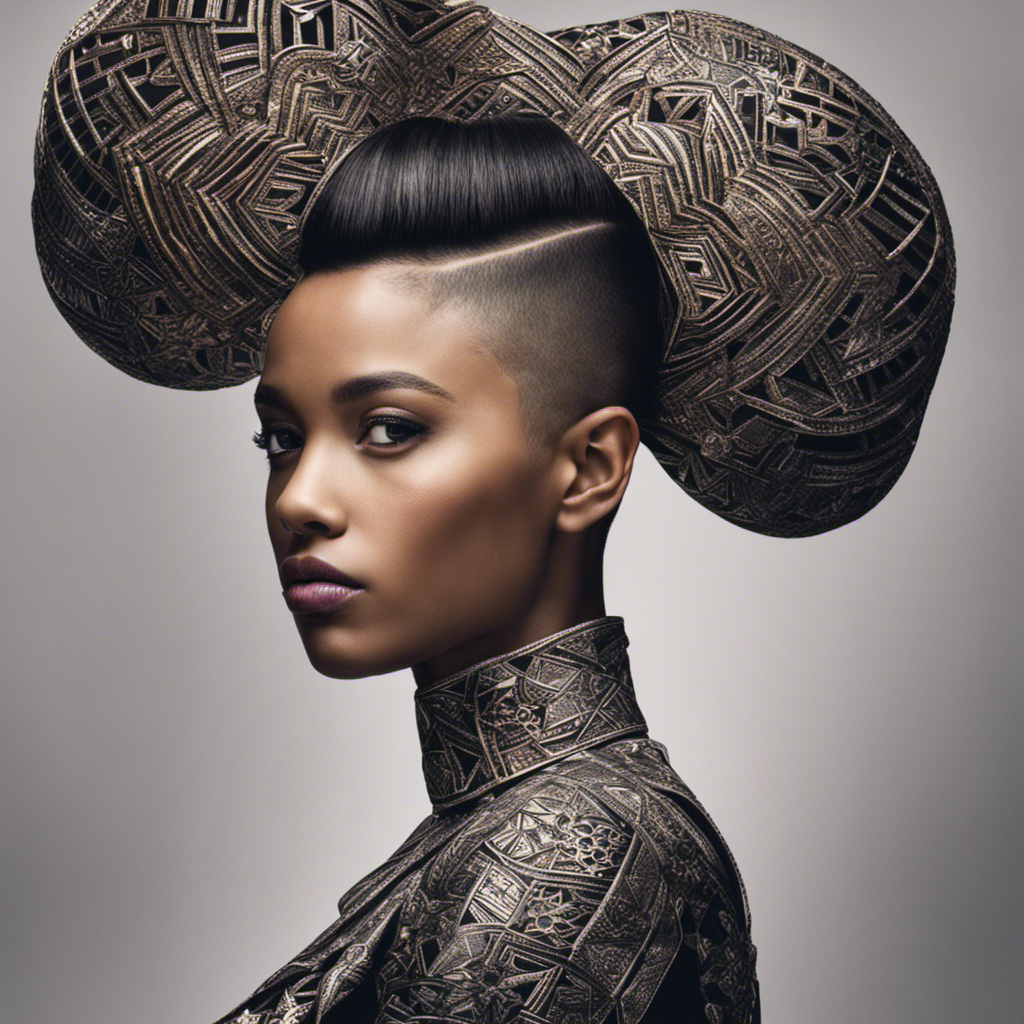 An image capturing the fearless expression of individuality as a girl confidently reveals her shaved sides, showcasing intricate geometric patterns etched into her hair, exuding empowerment and breaking societal norms