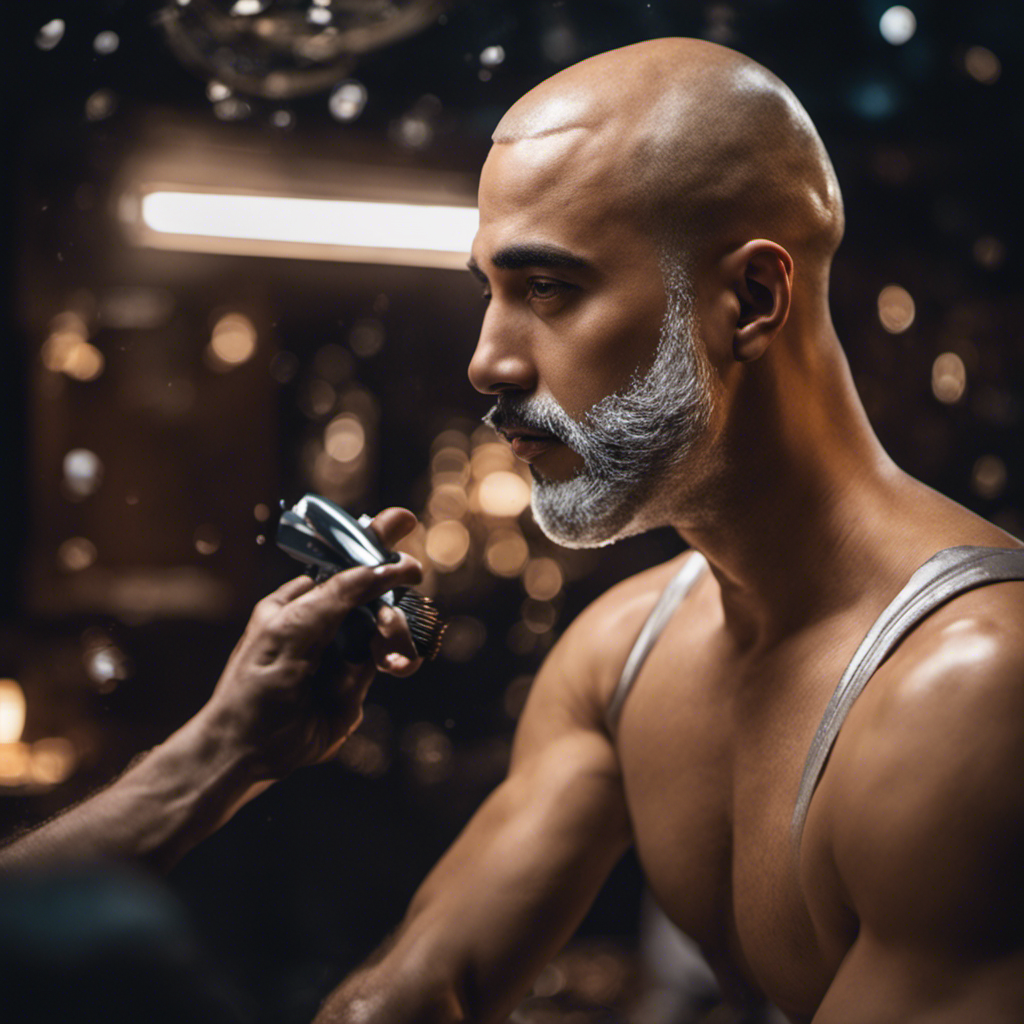 An image capturing the transformation of a man shaving his head, showcasing the glint of the razor against his smooth scalp, the glistening droplets of water, and the confident expression on his face