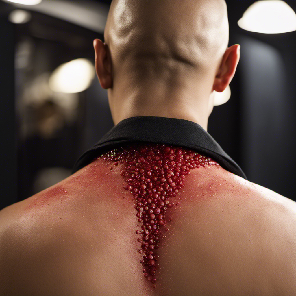 An image capturing the back of a person's freshly shaved head, revealing irritated bumps scattered across the skin