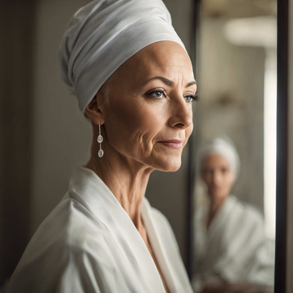 An image capturing the serene moment of a cancer patient, surrounded by soft morning light, sitting in front of a mirror with a determined expression, as they delicately shave their head during chemotherapy
