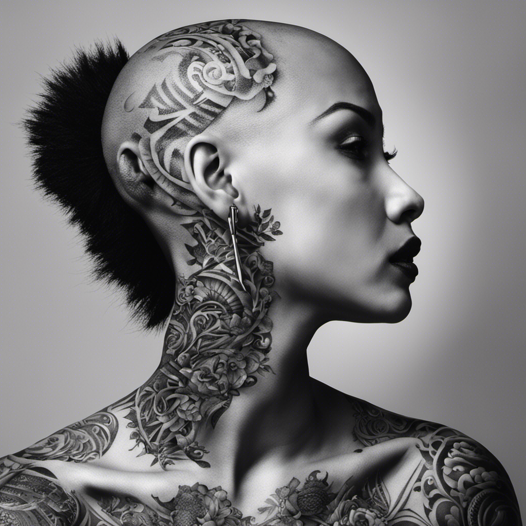An image of a person with a vibrant, intricate tattoo on their shaved head, showing a razor hovering just above the tattoo, symbolizing the question of when it's acceptable to shave over a tattoo