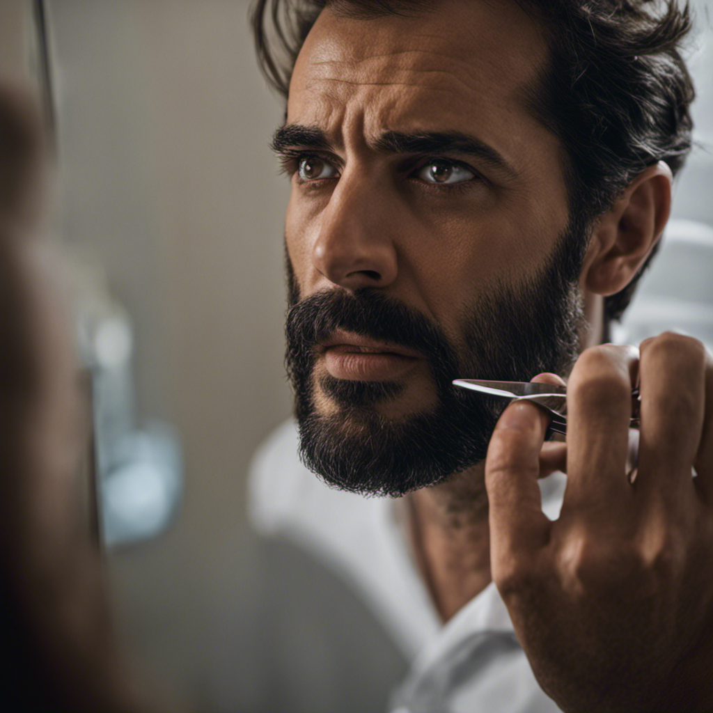 -up shot of a man's reflection in a bathroom mirror, capturing the tension between his thinning hair and the razor in his hand