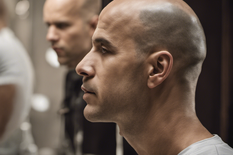 An image showcasing a mirror reflection of a person's bald scalp, revealing a receding hairline, thinning patches, and a contemplative expression, capturing the pivotal moment of deciding to shave their head