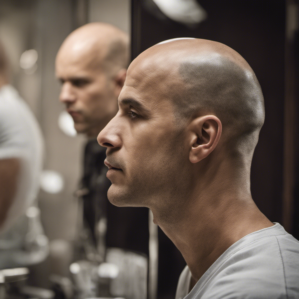An image showcasing a mirror reflection of a person's bald scalp, revealing a receding hairline, thinning patches, and a contemplative expression, capturing the pivotal moment of deciding to shave their head