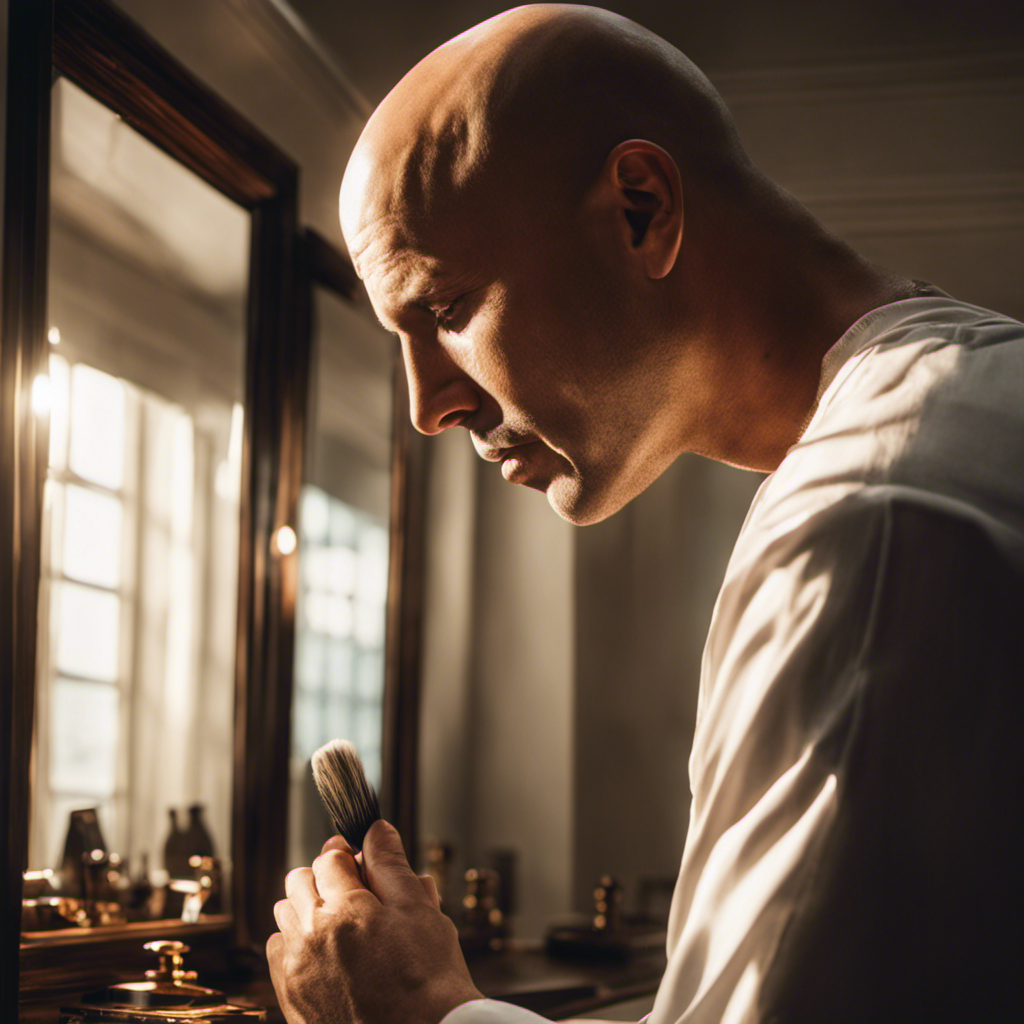 An image that portrays a confident bald man, standing in front of a mirror, gently touching his smooth scalp while a warm morning sunlight shines through the window, emphasizing the perfect moment to shave his head
