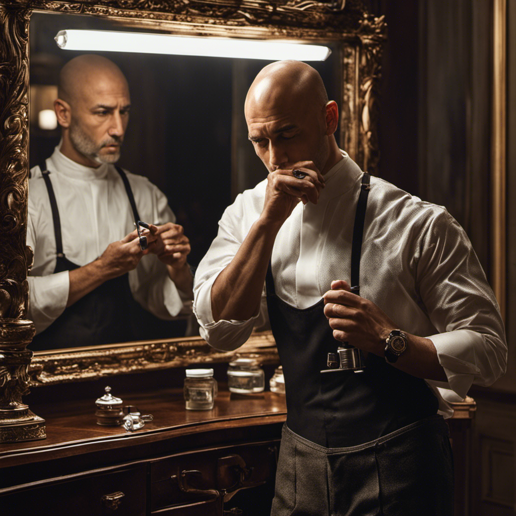 An image capturing the moment a man, standing in front of a mirror, contemplates shaving his head, capturing the glint of uncertainty in his eyes and the reflection of his hands gripping the razor
