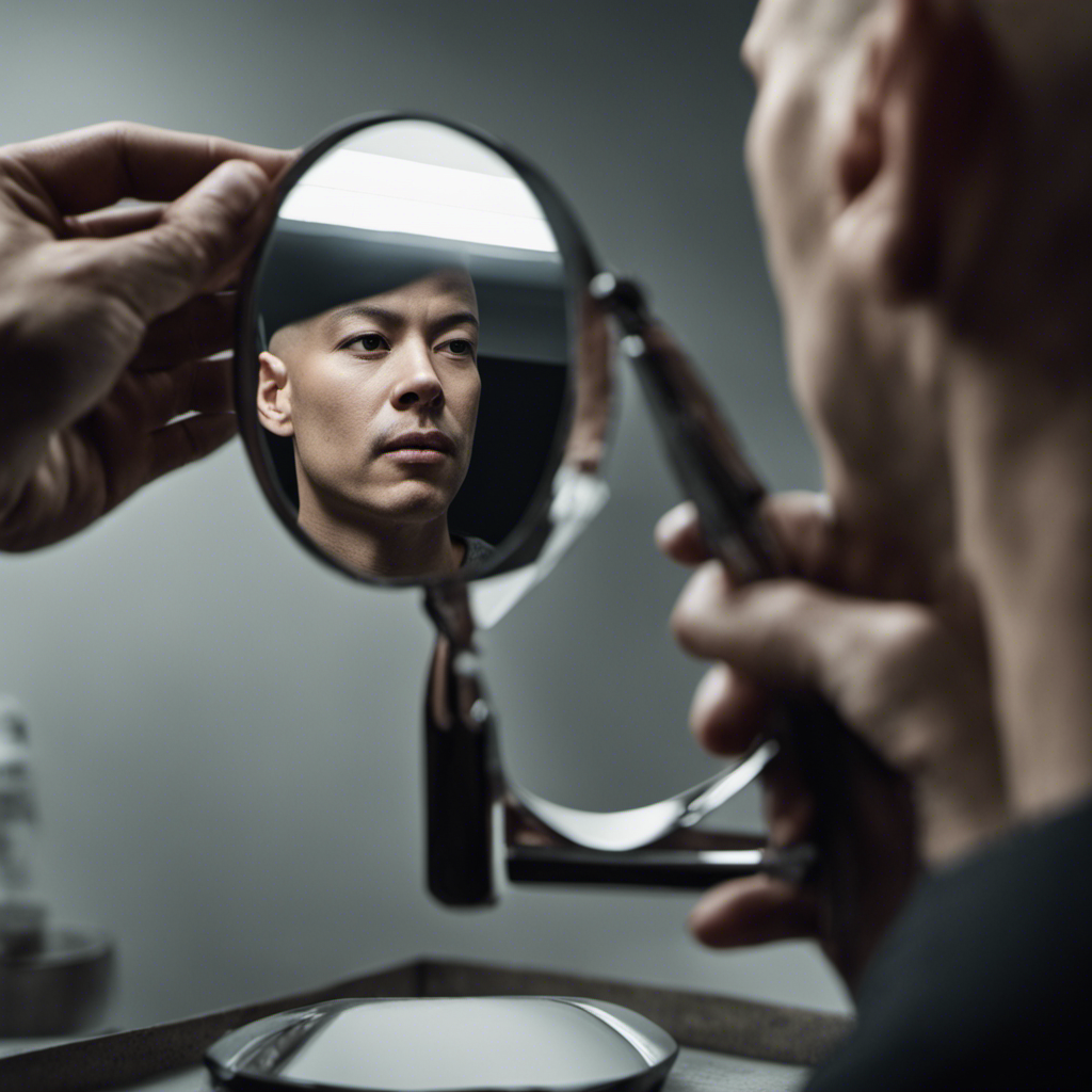 An image showcasing a mirror reflecting a person's hand holding a razor, with a bald head partially shaved